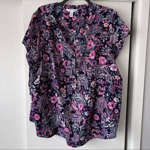 Floral paisley print cap sleeve navy blouse, split neck, pink and coral flowers